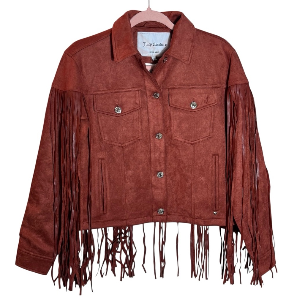 Juicy Couture Brown Faux Leather Fringe Trucker Jacket, Small